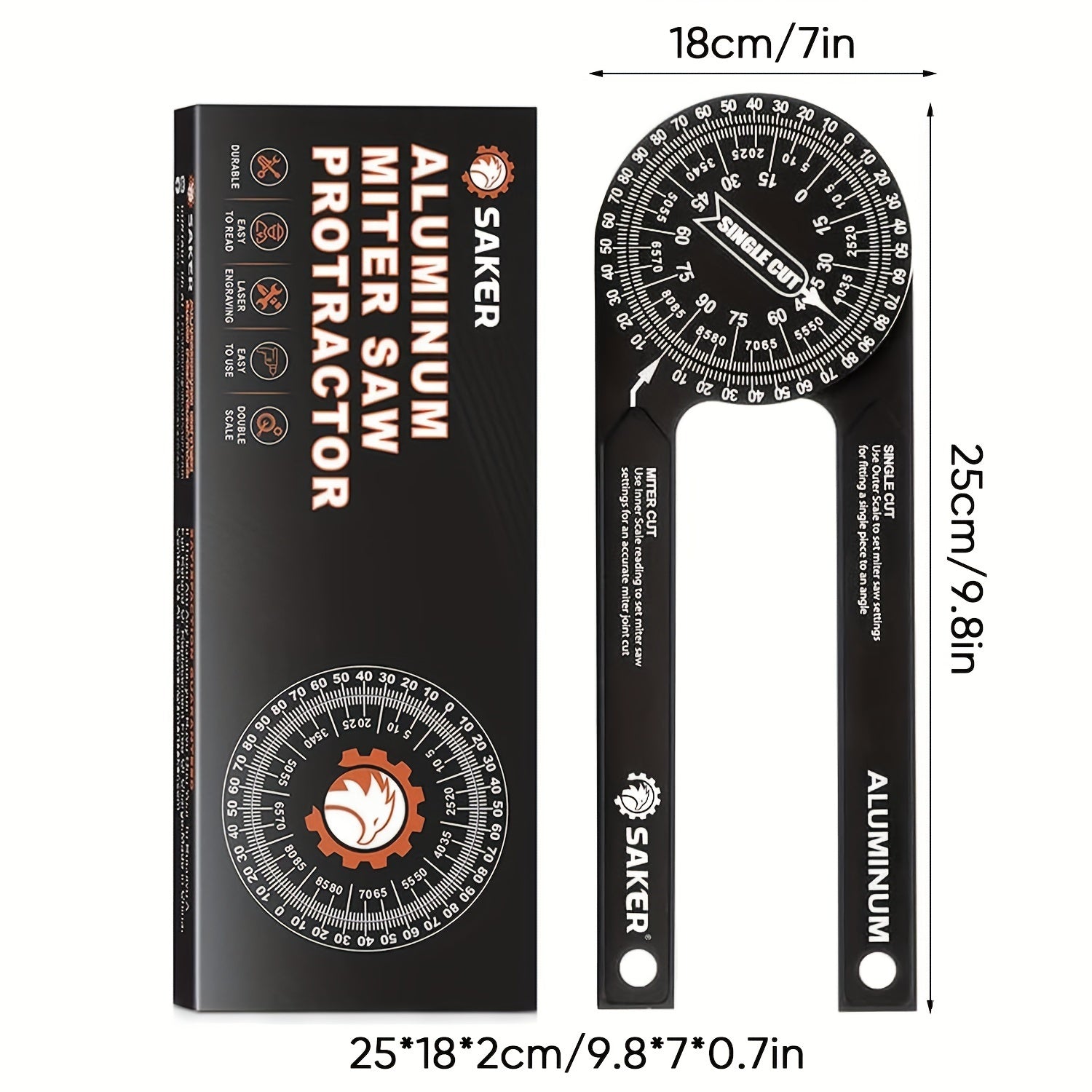 7-Inch Saker Protractor Master - Large Aluminum Angle Finder with High-Precision Laser Technology for Inside and Outside Miter Angles - Ideal for Carpenters, Plumbers, and All Building Trades, Durable Black Finish