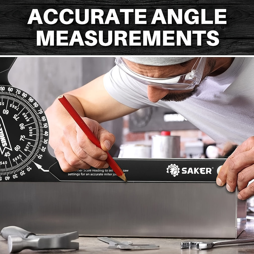 7-Inch Saker Protractor Master - Large Aluminum Angle Finder with High-Precision Laser Technology for Inside and Outside Miter Angles - Ideal for Carpenters, Plumbers, and All Building Trades, Durable Black Finish
