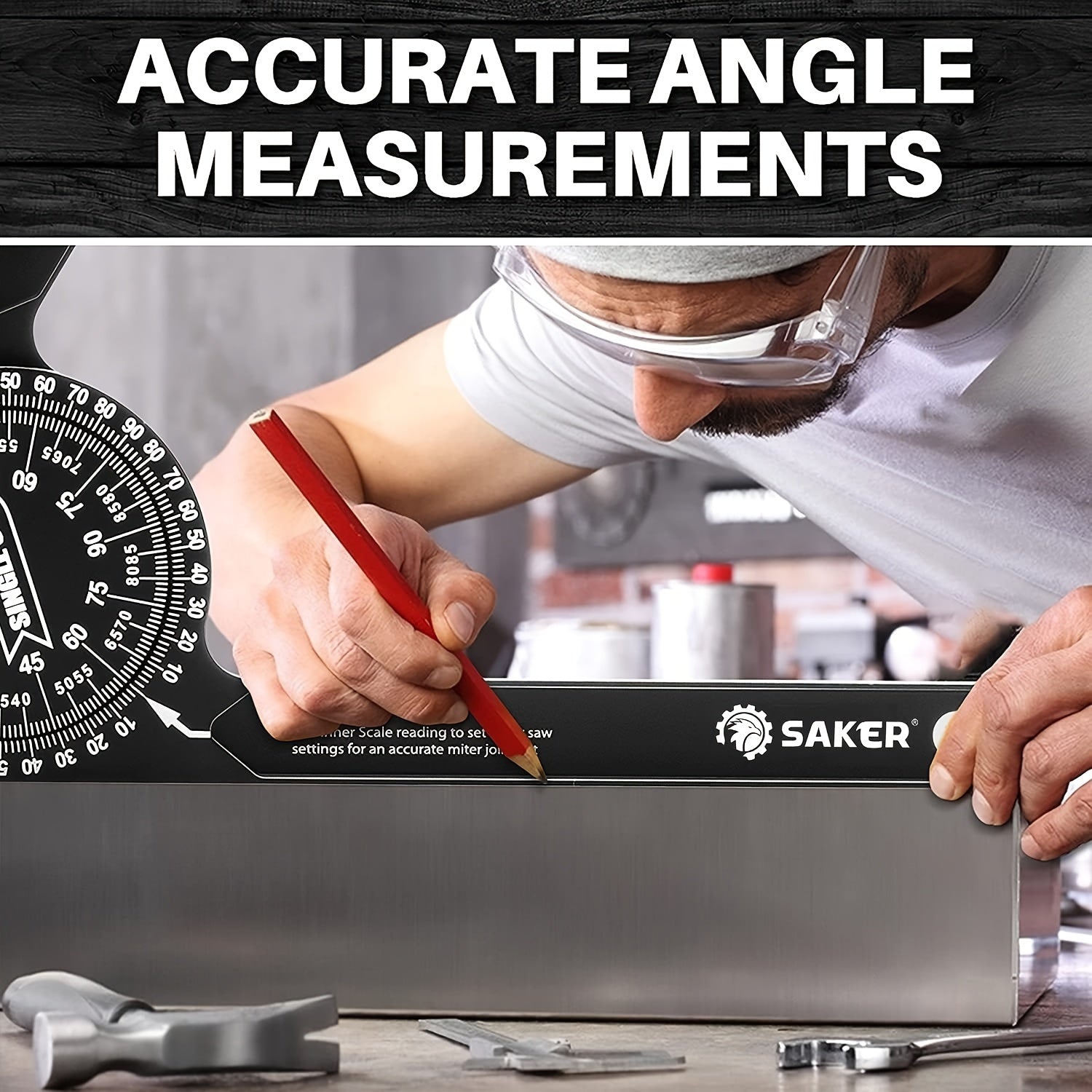 7-Inch Saker Protractor Master - Large Aluminum Angle Finder with High-Precision Laser Technology for Inside and Outside Miter Angles - Ideal for Carpenters, Plumbers, and All Building Trades, Durable Black Finish