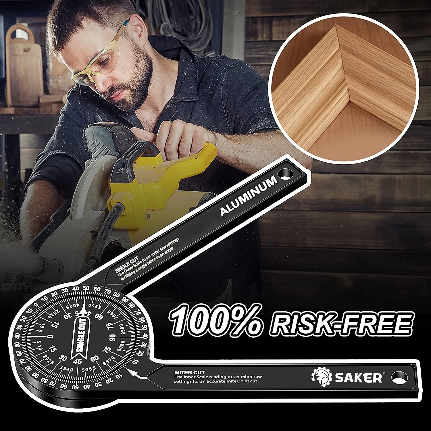 7-Inch Saker Protractor Master - Large Aluminum Angle Finder with High-Precision Laser Technology for Inside and Outside Miter Angles - Ideal for Carpenters, Plumbers, and All Building Trades, Durable Black Finish