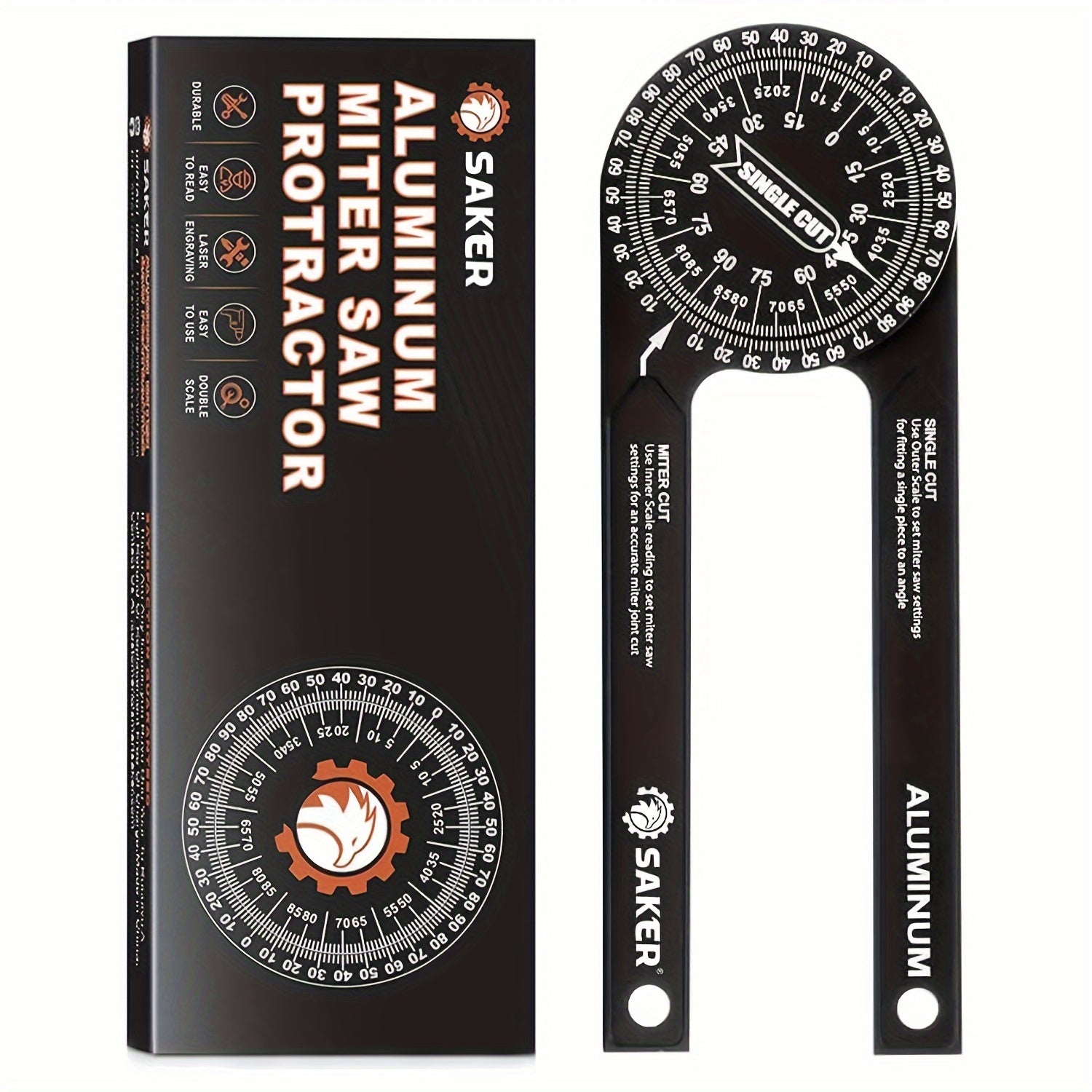 7-Inch Saker Protractor Master - Large Aluminum Angle Finder with High-Precision Laser Technology for Inside and Outside Miter Angles - Ideal for Carpenters, Plumbers, and All Building Trades, Durable Black Finish