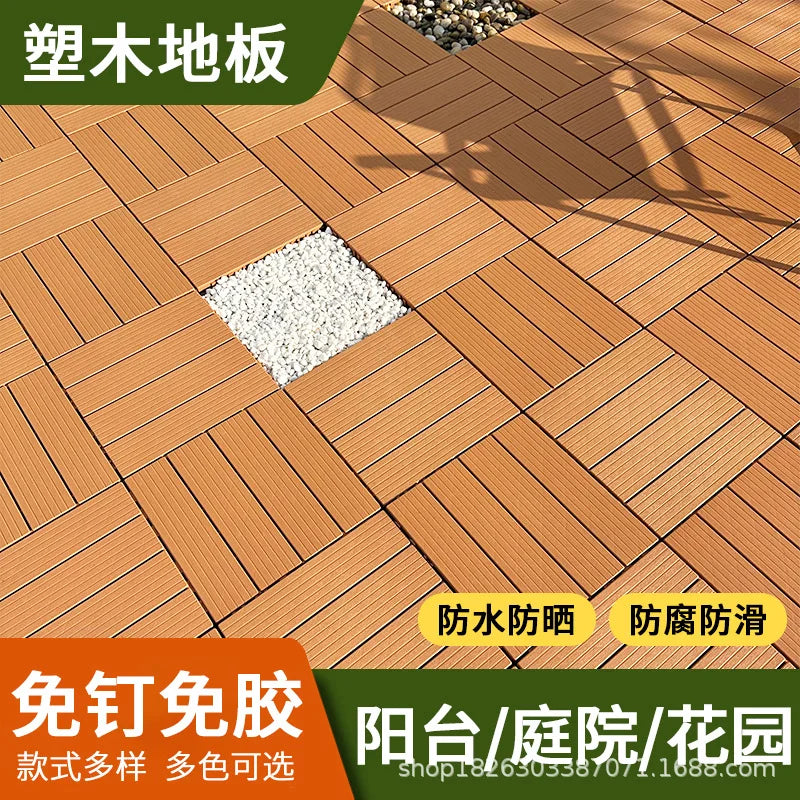 Outdoor Plastic Wood Floor Panels, No Cleaning Anti-Slip Decking for Garden Terrace DIY Installation
