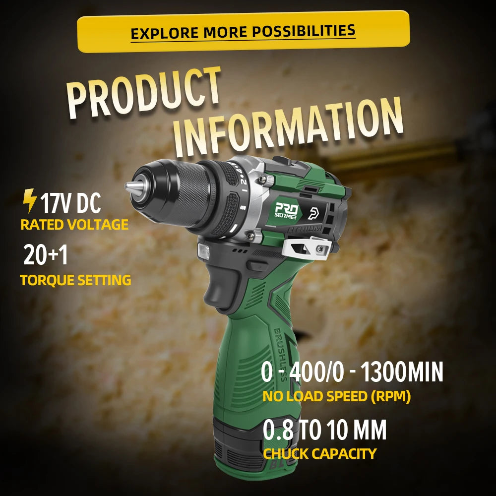 Electric Drill 17V 60NM Brushless Mini Li-ion Cordless 20+1 Driver Handheld Drill Power Tools LED Light Home DIY By PROSTORMER