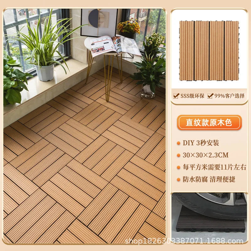 Outdoor Plastic Wood Floor Panels, No Cleaning Anti-Slip Decking for Garden Terrace DIY Installation