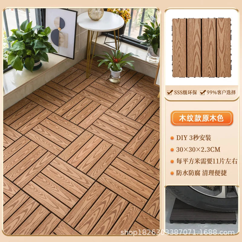 Outdoor Plastic Wood Floor Panels, No Cleaning Anti-Slip Decking for Garden Terrace DIY Installation
