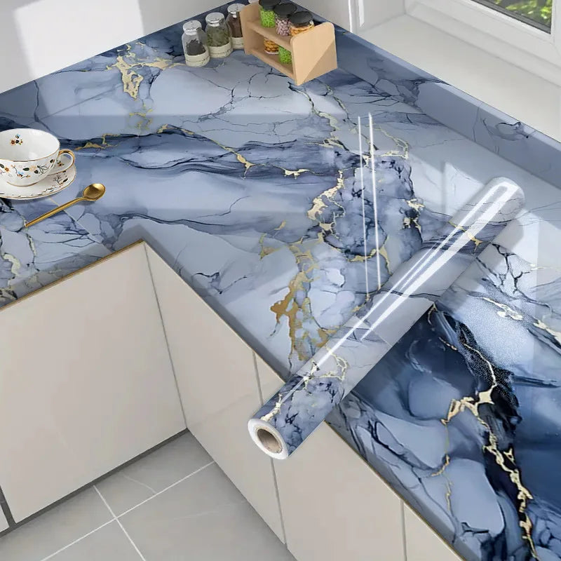 Blue Marble Self-adhesive PVC Wallpaper Kitchen Stove Oil Proof Sticker Home Decoration Building Materials Decorative Wallpaper