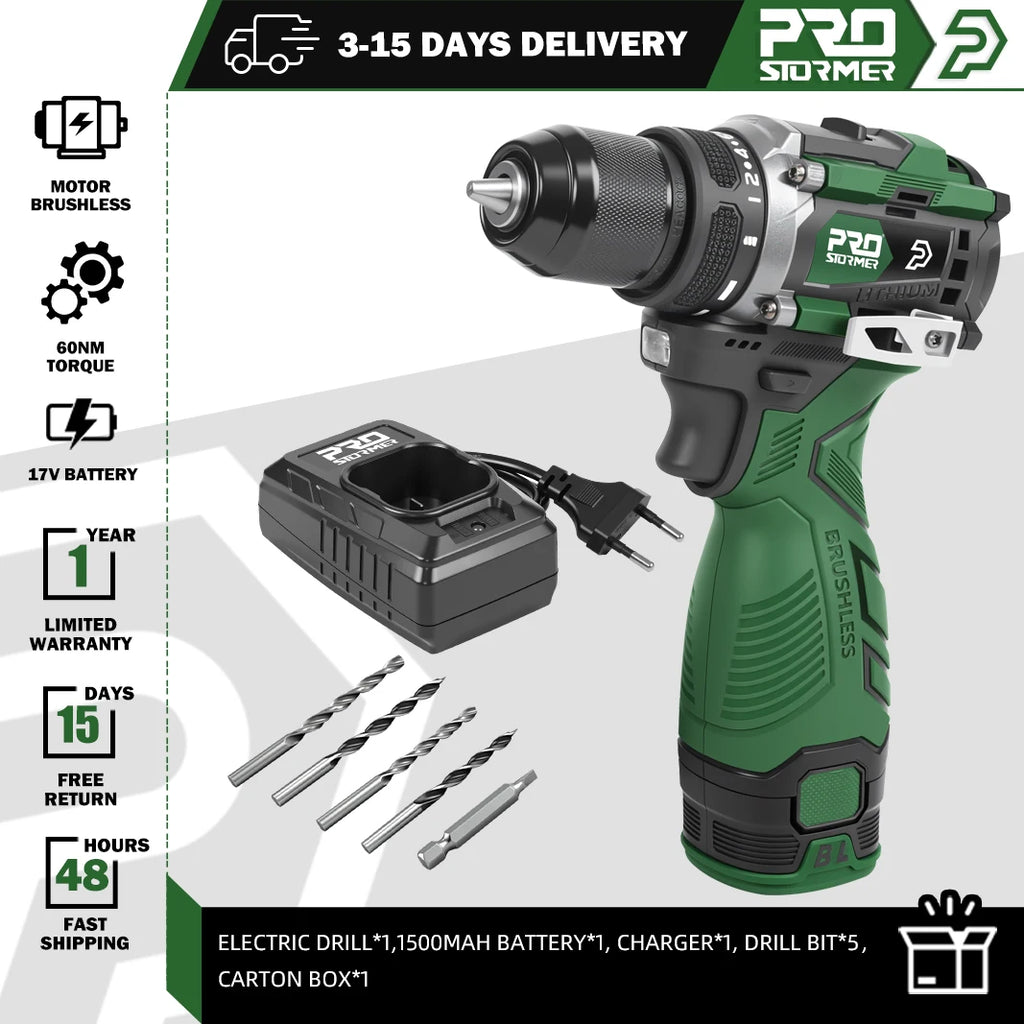 Electric Drill 17V 60NM Brushless Mini Li-ion Cordless 20+1 Driver Handheld Drill Power Tools LED Light Home DIY By PROSTORMER