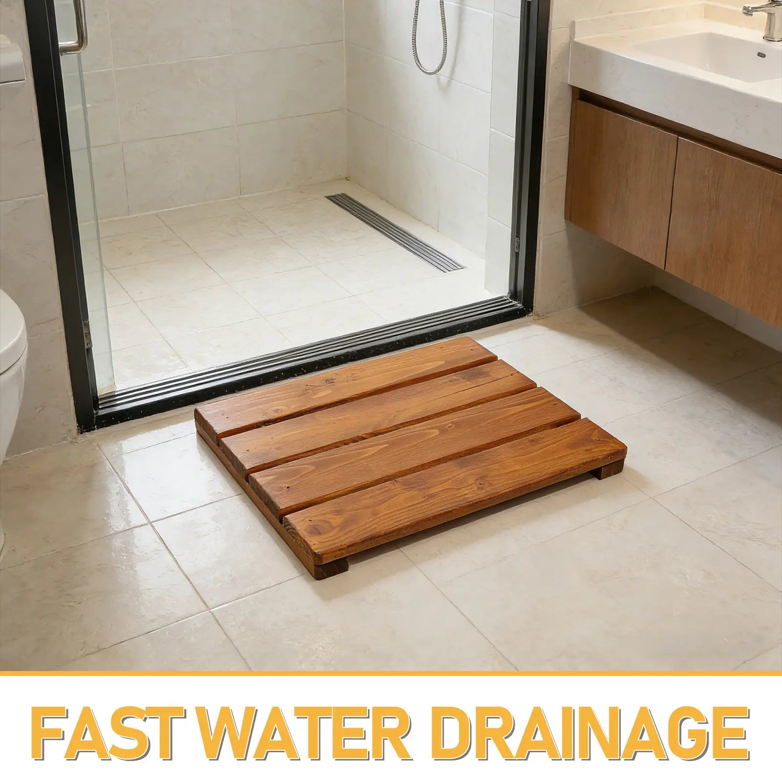 Wood Bath Mat Non-Slip Solid Wood Fast Drainage Bathroom Rug Quick Drying Waterproof Shower Floor Mat for Tub Spa Home