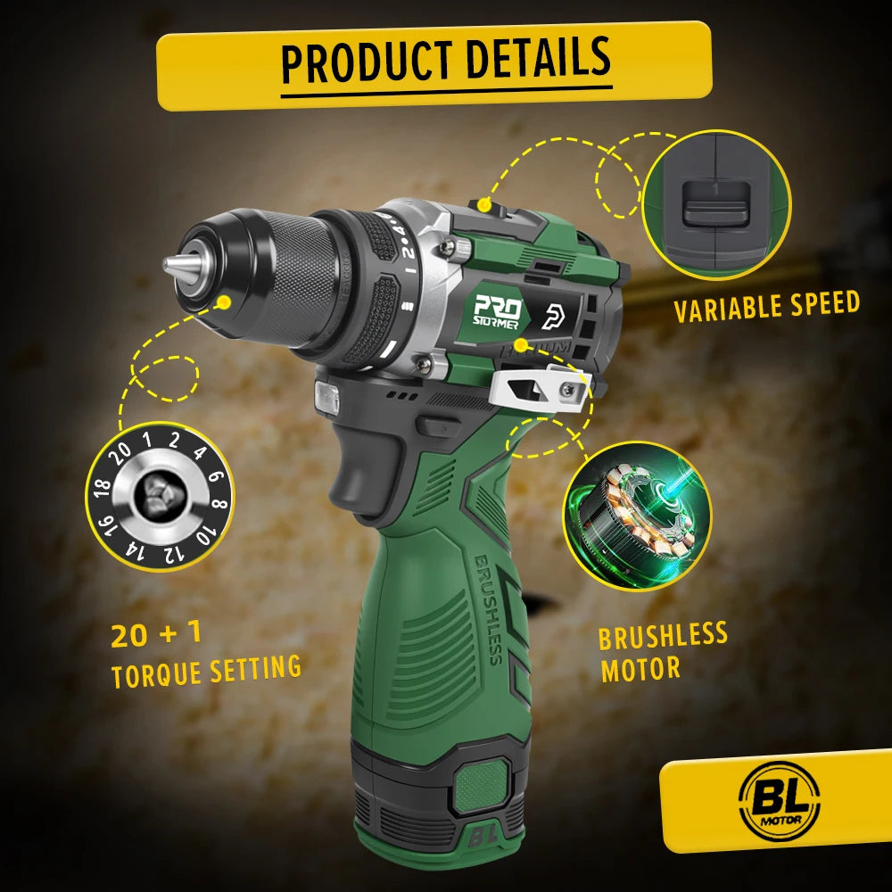 Electric Drill 17V 60NM Brushless Mini Li-ion Cordless 20+1 Driver Handheld Drill Power Tools LED Light Home DIY By PROSTORMER