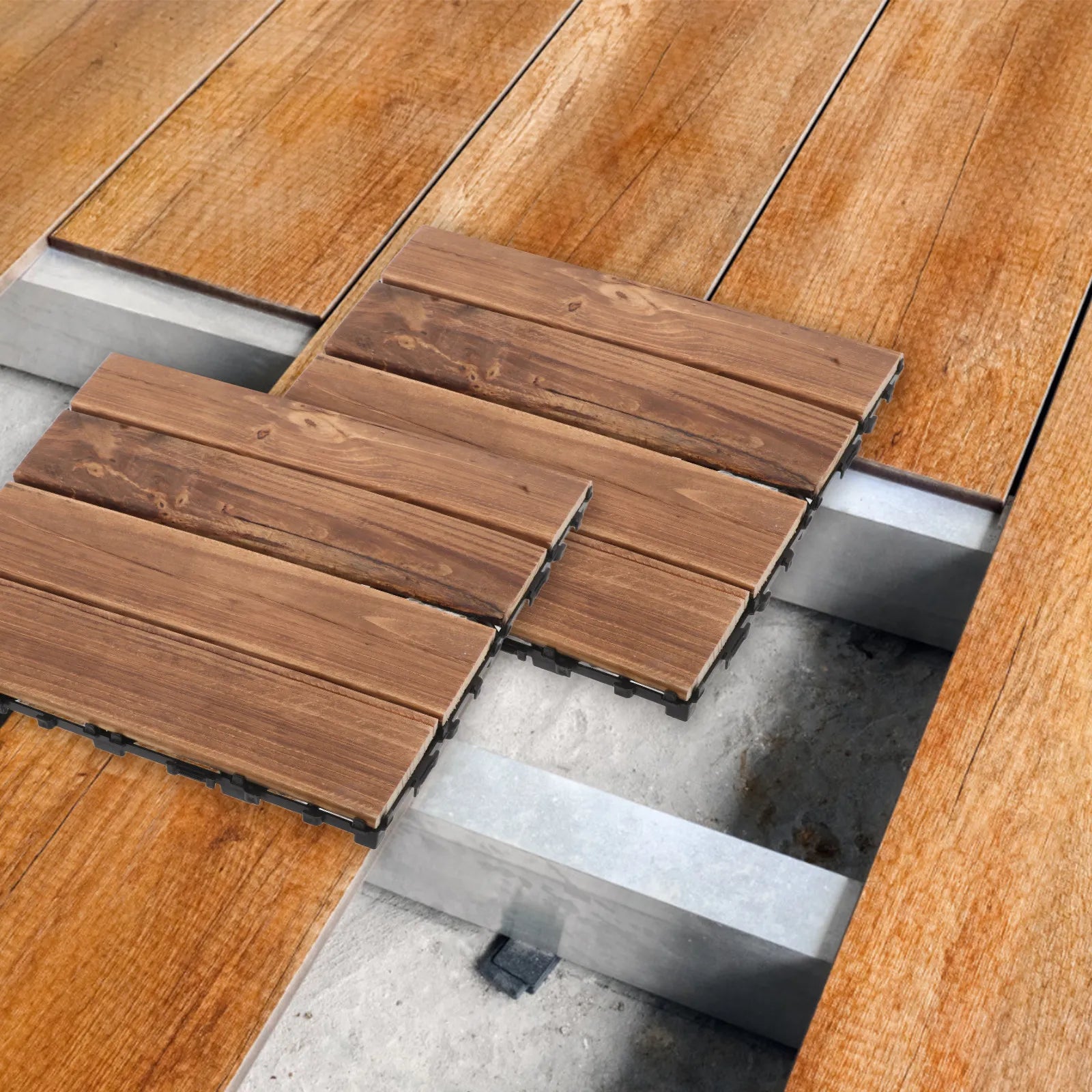 2Pcs Interlocking Natural Wood Floor Tiles Outdoor Waterproof Decking Balcony Garden Flooring Backyard Flooring