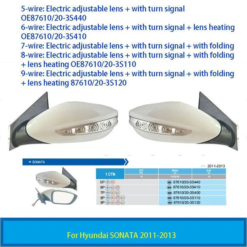 For Hyundai SONATA 2011-2013 Auto parts Electric With turn signal  rearview mirror 5-9-wire assembly OE87610-3S440 87610-3S120
