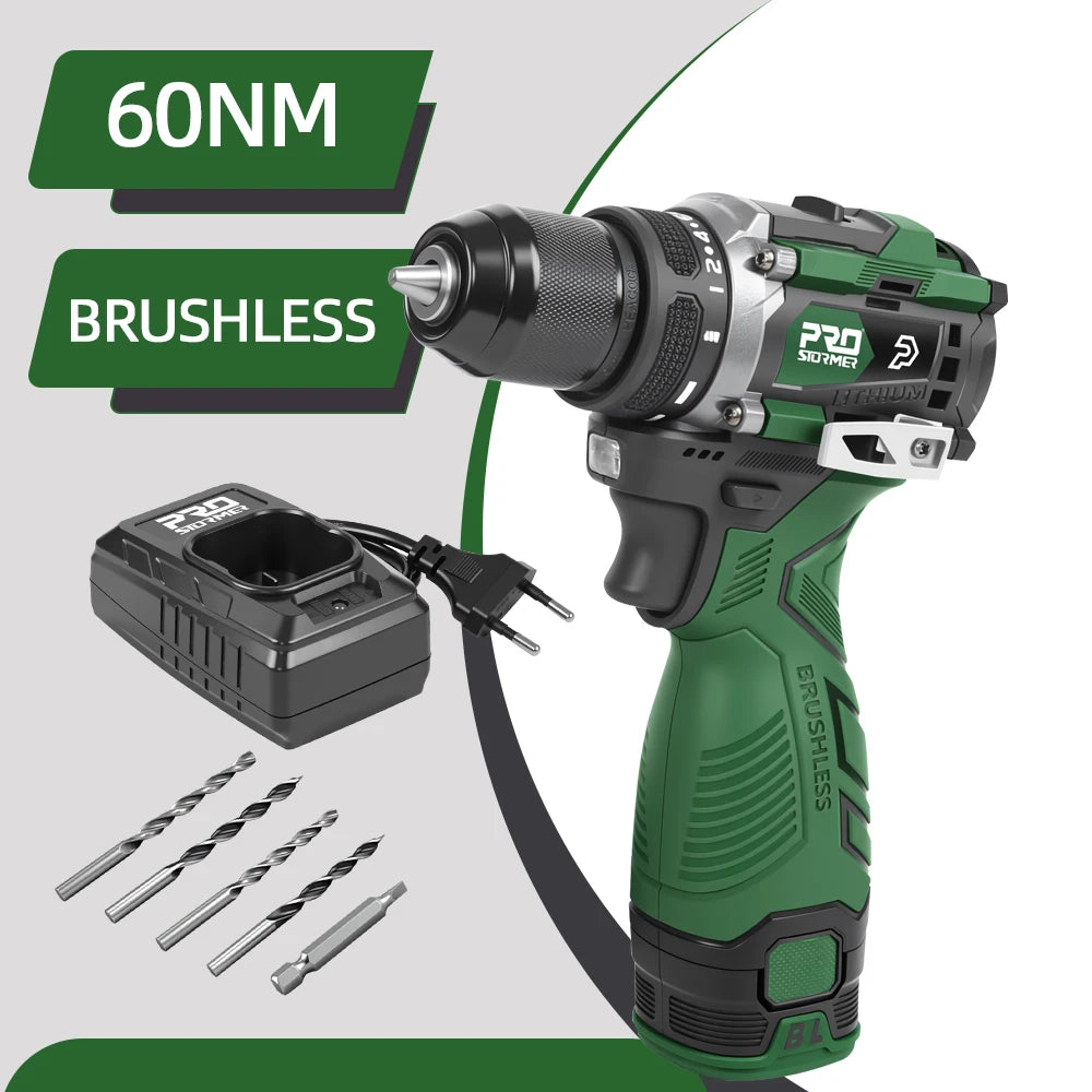 Electric Drill 17V 60NM Brushless Mini Li-ion Cordless 20+1 Driver Handheld Drill Power Tools LED Light Home DIY By PROSTORMER