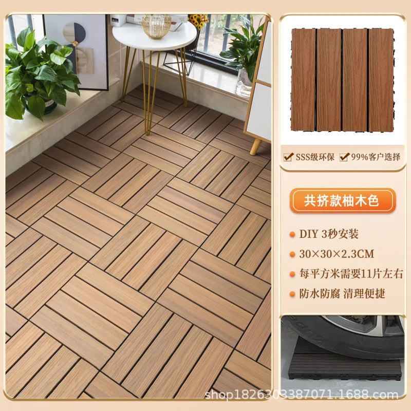 Outdoor Plastic Wood Floor Panels, No Cleaning Anti-Slip Decking for Garden Terrace DIY Installation