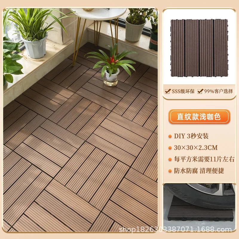 Outdoor Plastic Wood Floor Panels, No Cleaning Anti-Slip Decking for Garden Terrace DIY Installation