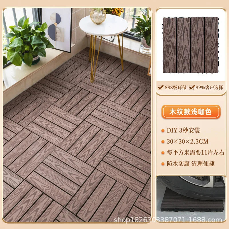 Outdoor Plastic Wood Floor Panels, No Cleaning Anti-Slip Decking for Garden Terrace DIY Installation