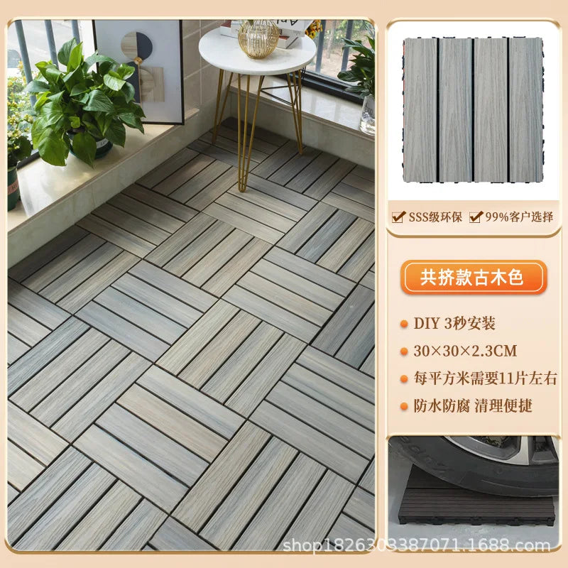 Outdoor Plastic Wood Floor Panels, No Cleaning Anti-Slip Decking for Garden Terrace DIY Installation