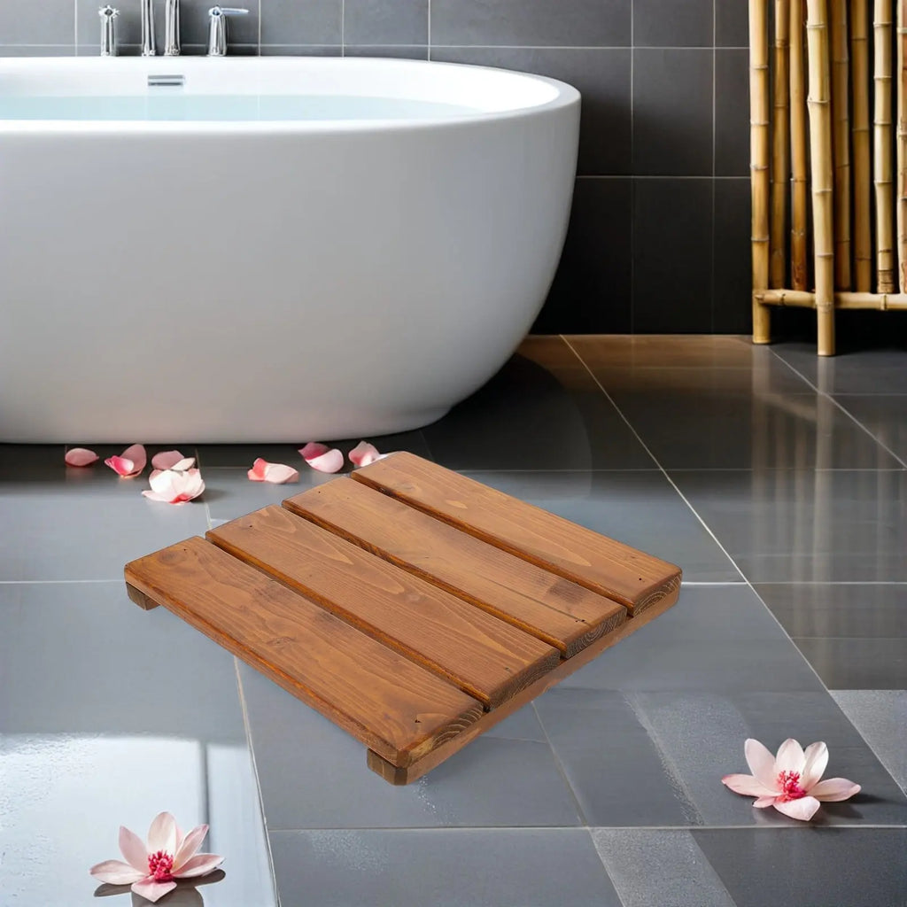 Wood Bath Mat Non-Slip Solid Wood Fast Drainage Bathroom Rug Quick Drying Waterproof Shower Floor Mat for Tub Spa Home