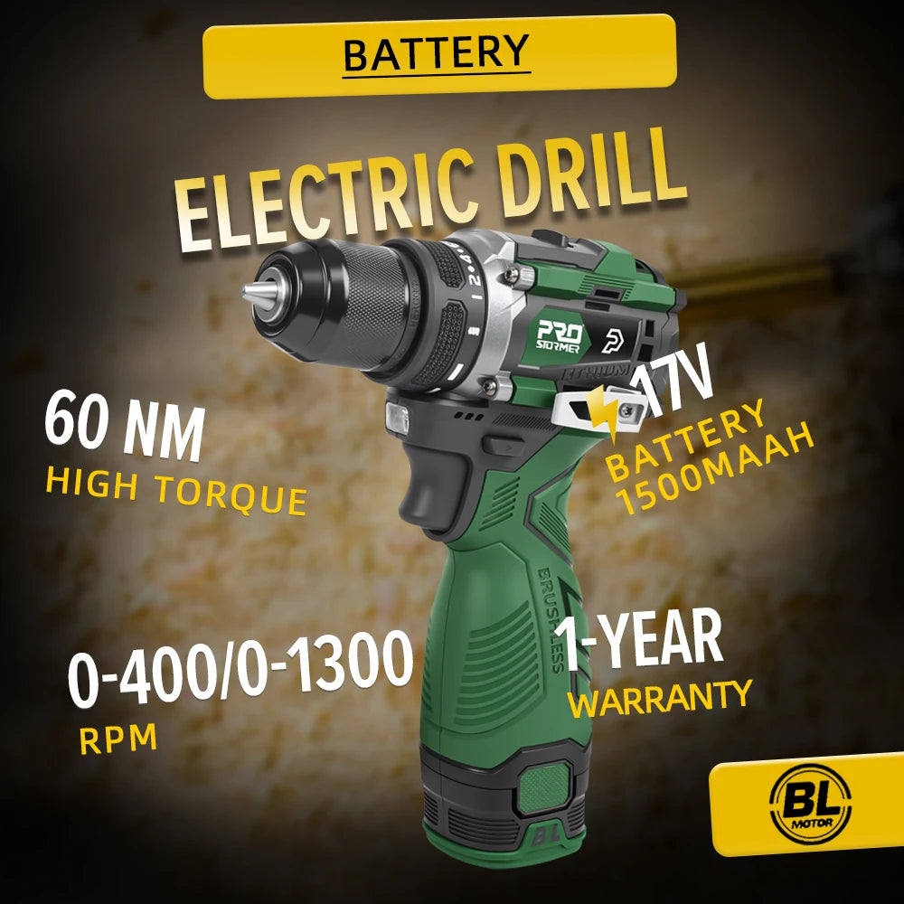 Electric Drill 17V 60NM Brushless Mini Li-ion Cordless 20+1 Driver Handheld Drill Power Tools LED Light Home DIY By PROSTORMER