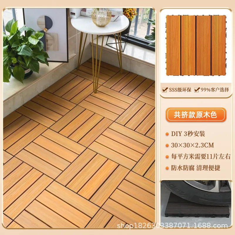 Outdoor Plastic Wood Floor Panels, No Cleaning Anti-Slip Decking for Garden Terrace DIY Installation