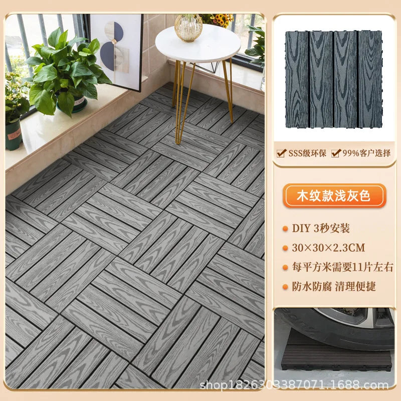 Outdoor Plastic Wood Floor Panels, No Cleaning Anti-Slip Decking for Garden Terrace DIY Installation