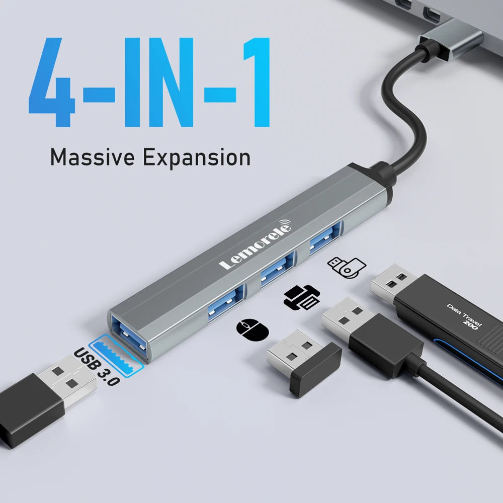 Lemorele 120cm 4Ports USB HUB OTG USB A 3.0 Adapter Multi Splitter Adapter Laptop Accessories For Xiaomi Lenovo Macbook Pro