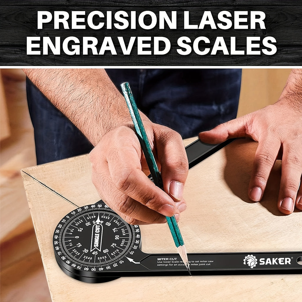 7-Inch Saker Protractor Master - Large Aluminum Angle Finder with High-Precision Laser Technology for Inside and Outside Miter Angles - Ideal for Carpenters, Plumbers, and All Building Trades, Durable Black Finish